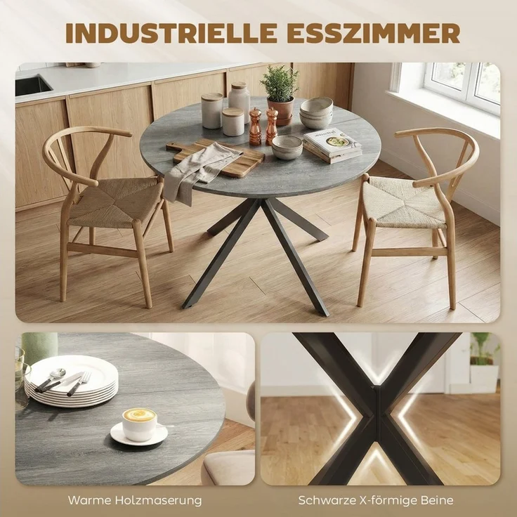 HOMCOM Esstisch Küchentisch im Industriestil mit Stahlbeinen für 4 Personen (für Esszimmer, Küche, Wohnzimmer, 1-St, rund, 100 x 100 x 75 cm), Grau – Bild 4