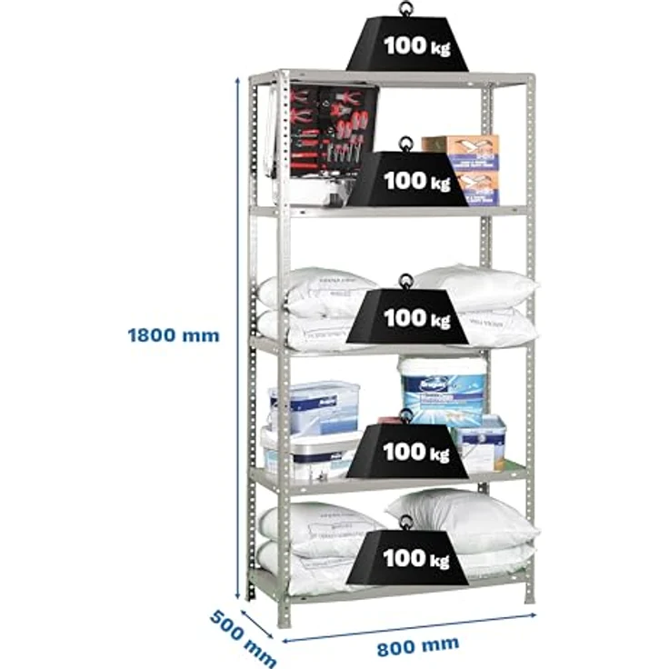 Simonrack Schwerlastregal, Lagerregal, 180 x 80 x 50 Metallregal, Kellerregal, Biegestelle 100 kg, 5 Fachböden, Grau - Comfort – Bild 4