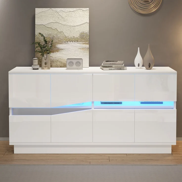 ZUBALIYA Sideboard 140x35x70 cm, mit LED-Beleuchtung, Hochglanz, mit 4 Türen, aus Spanplatte, Weiß – Bild 5
