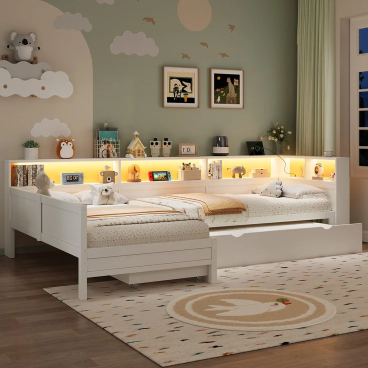 Bett mit LED-Streifen, 3 Schlafgelegenheiten, Regal, Schubladen und Gästebett, 90x200 cm, Holzbett, Jugendbett mit 2 Lattenrosten, L-Form – Bild 2