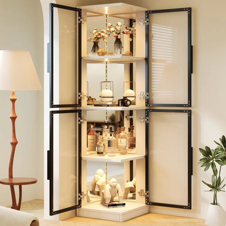 ZUBALIYA Vitrine mit Glas 44 × 42 × 164 cm, Spiegelrückwand, Eckvitrine mit doppelseitiger Glaspräsentation, LED-Beleuchtung mit Farbwechsel, Glasvitrine für Sammlerstücke, Bücher, Wein & Dekoration, Weiß – Bild 2