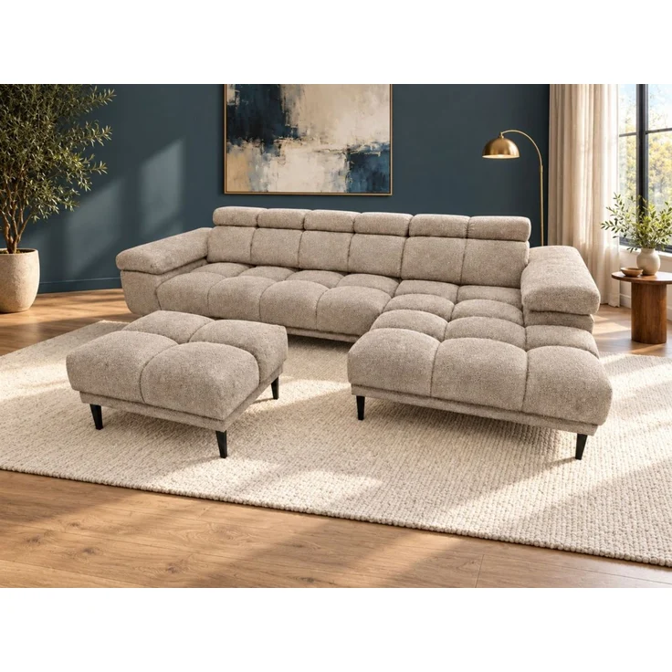 Ecksofa Schlafsofa SENVELIO RELAX inkl. Hocker Stoff Glam Beige Ottomane Rechts – Bild 1