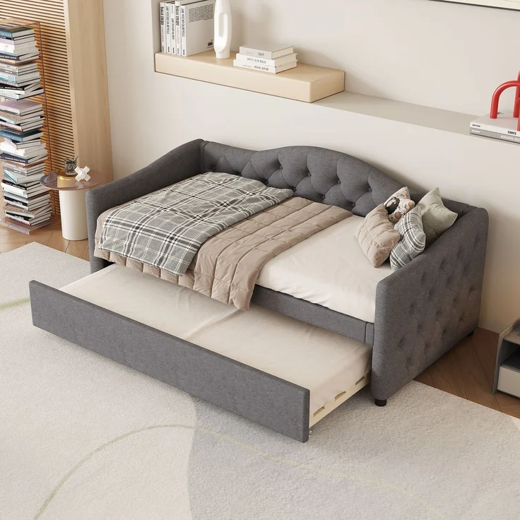 Wohnora-Daybettt, 90x200cm Tagesbett mit ausziehbarem Bett,Schlafsofa, Einzelbett(Ohne Matratze), Leinen, minimalistisches Styling, Grau,Grau – Bild 2