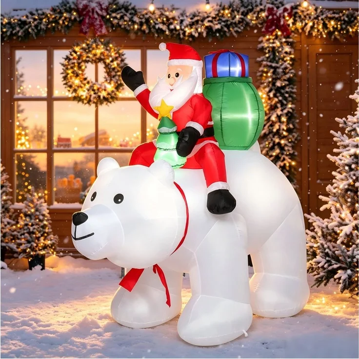 VINGLI Weihnachtsfigur Wetterfest, Weihnachtsdeko Aufblasbar für Innen & Außen, 180 cm Aufblasbarer Weihnachtsmann auf Eisbär – 7 LEDs – Bild 1