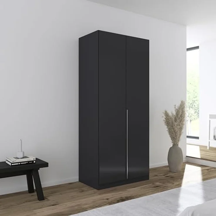 Rauch Möbel Alabama, Kleiderschrank für Schlafzimmer, Kinderzimmer, Wohnzimmer, Garderobe, Flur, 2-türig, mit Zubehör Basic, Farbe Grau metallic, Schwarz, Breite 91 cm – Bild 2