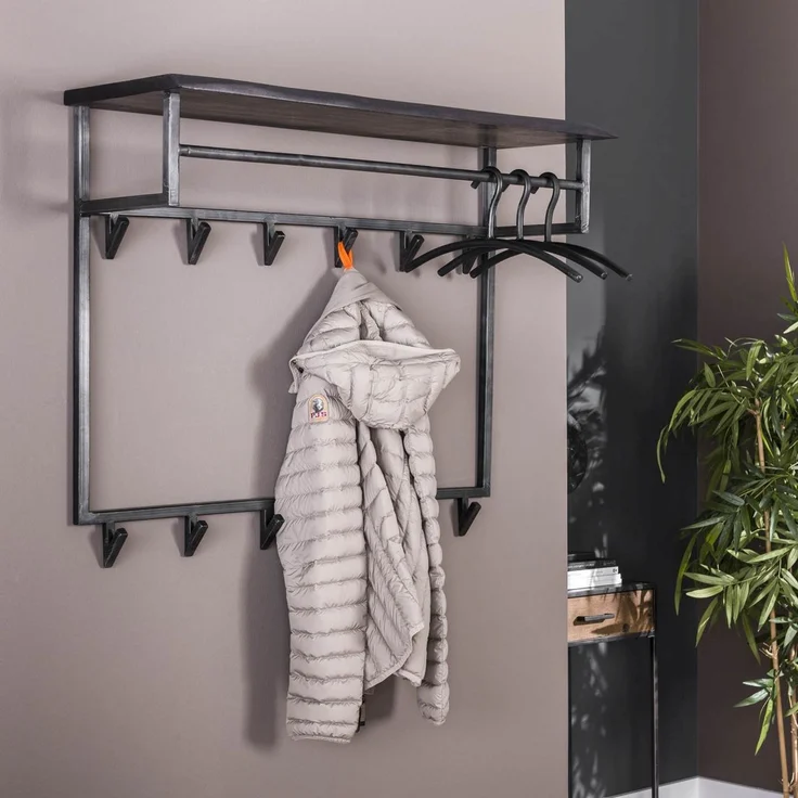 Garderobe Cheyuzi aus Akazie massiv, modern industriell, Schwarz, mit Hutablage und 12 Haken – Bild 1