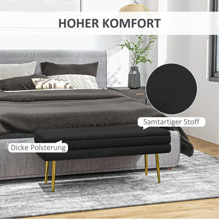 HOMCOM Sitzbank mit Samtoptik (Bettbank mit Stahlbeine, 1-St, Polsterbank mit Stauraum), für Wohnzimmer, Schlafzimmer, Schwarz, 100 x 37,5 x 42 cm – Bild 3