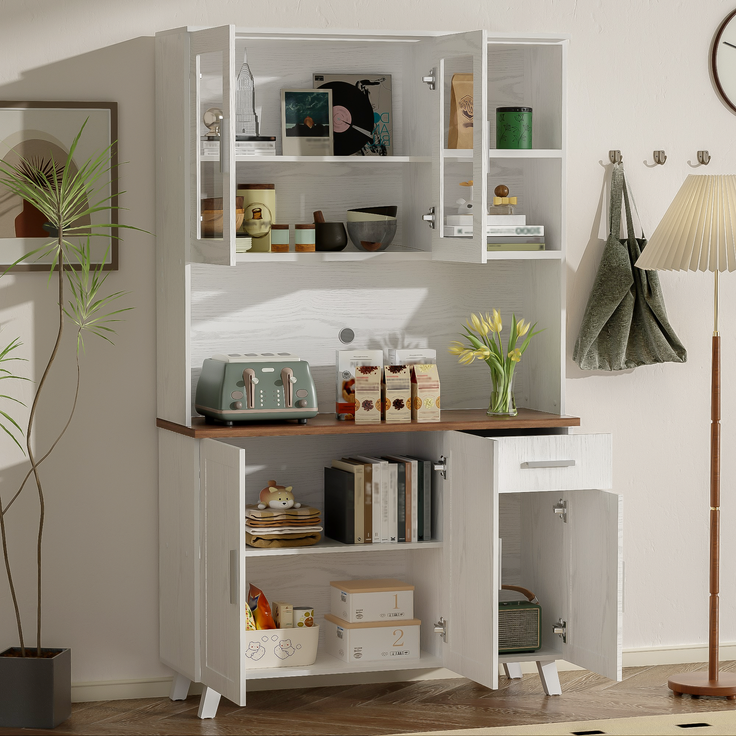 Sideboard, Weißer Holzmaserung-Hochschrank 114 x 40 x 190 cm, geeignet für Wohnzimmer und Esszimmer--Braun, Weiß, Holz--114x40x190cm--YOUDENOVA – Bild 10