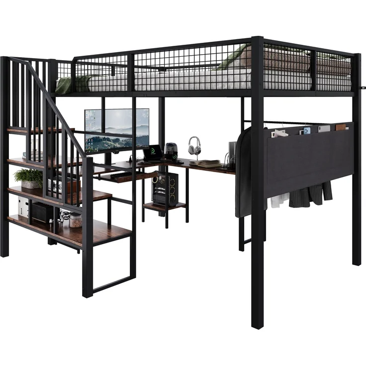 EINHOM Metallbett 140 x 200 cm in Schwarz, Hochbett mit L-förmigem Eckschreibtisch, Treppe, Tastaturauszug, Ladeanschluss und Seitlicher Stofftasche (Ohne Matratze) – Bild 7