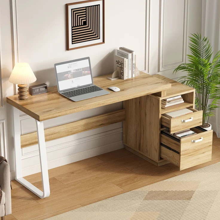 Flieks Schreibtisch 161 x 54 x 76.4 cm mit offenem Ablagefach, geräuscharmer Schublade und Stahlgestell, Naturholzfarben – Bild 2