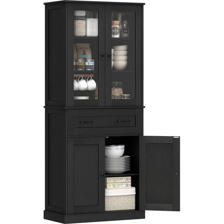 Rayofly-Küchenschrank Buffet mit Acrylfront & Schubladen, Schwarz, H 182,5cm x T 76cm x B 40cm