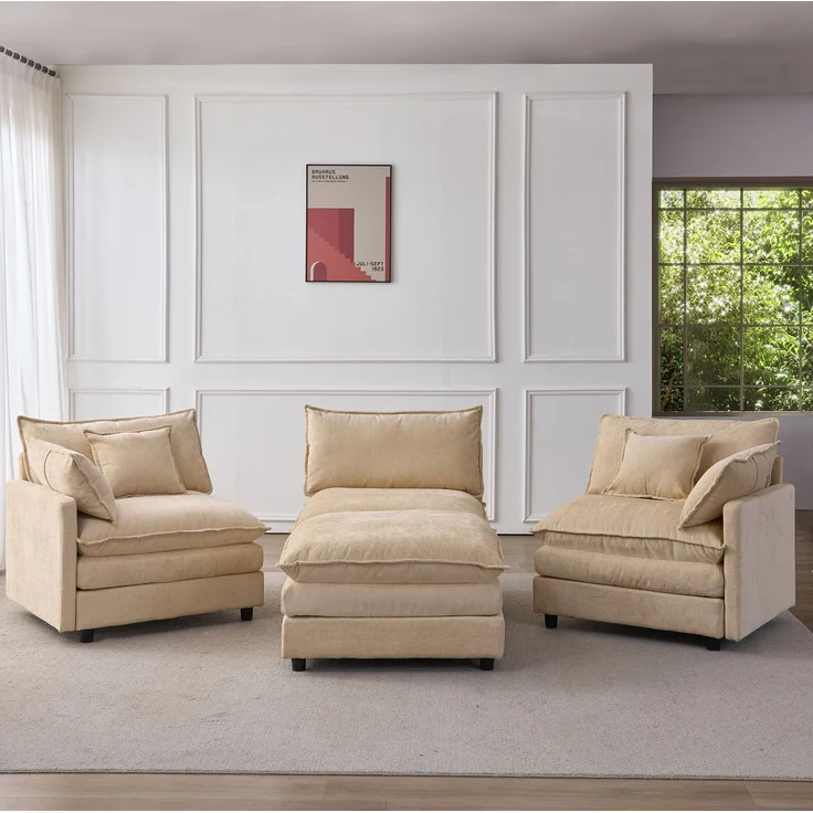 DESVIAE Sofa L-förmig mit Hocker aus Chenille, Hellkaffee, 267 x 154 x 85 cm – Bild 4
