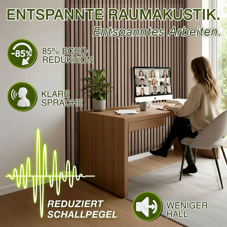 TRESKO® 4 Stück Akustikpaneele Holz 120×60 cm inkl. 8x Kleiderhaken | Wandverkleidung Eiche Natur als 3D Lamellenwand | Holzpaneele Paneele für Schallschutz | Akustik Wandpaneele mit Montageset – Bild 3