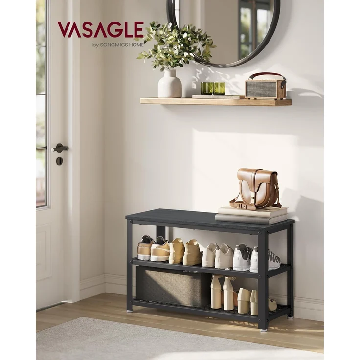 VASAGLE Schuhbank, Schuhregal mit 2 Gitterablagen, Aufbewahrung für Schuhe, 30 x 73 x 45 cm, für Eingangsbereich, Flur, Wohnzimmer, Metallgestell, Industrie-Design, ebenholzschwarz-schwarz LBS073B06 – Bild 2