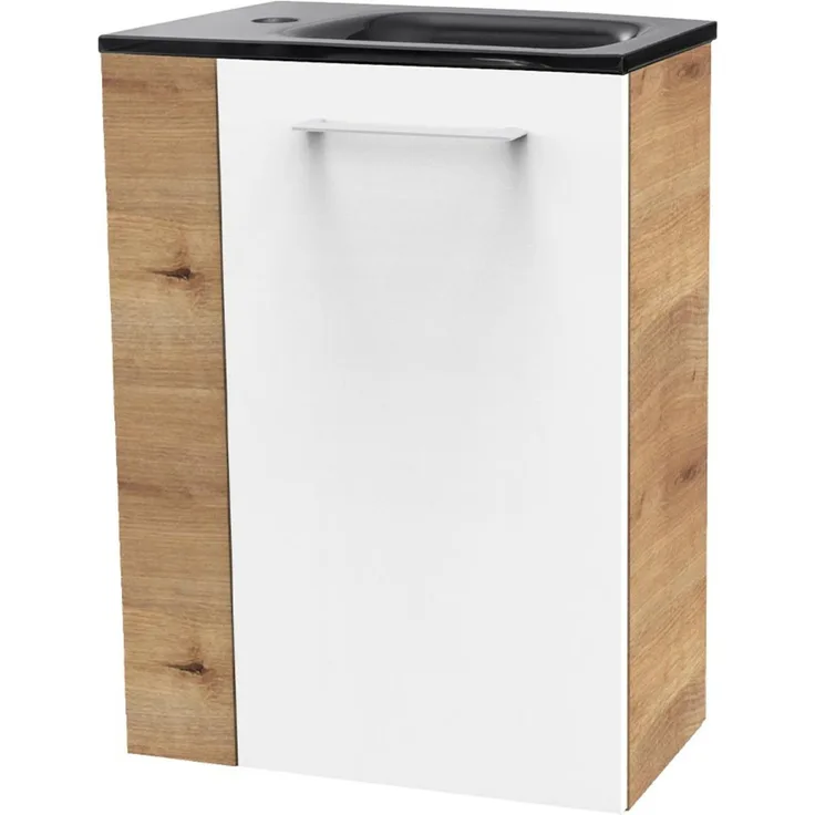 FACKELMANN SBC MILANO Gäste WC Waschtisch Set 45 cm breit, Weiß/Braun hell, Waschbecken Glas Anthrazit, Türanschlag rechts