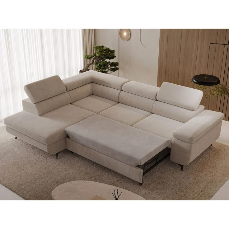 GRAINGOLD Ecksofa ARGON mit Bettfunktion, Bettkasten, Einstellbaren Kopfstützen, Velvet-Stoff, Beige, Links – Bild 4