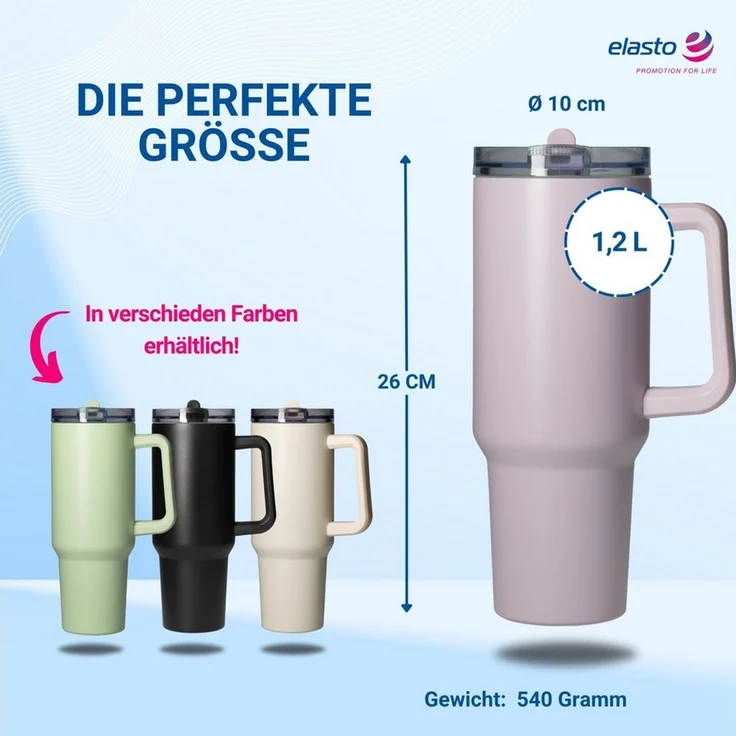 elasto Becher Edelstahl Trinkbecher mit Deckel und Strohhalm 1,2 Liter, isoliert, robust, für unterwegs – Bild 3