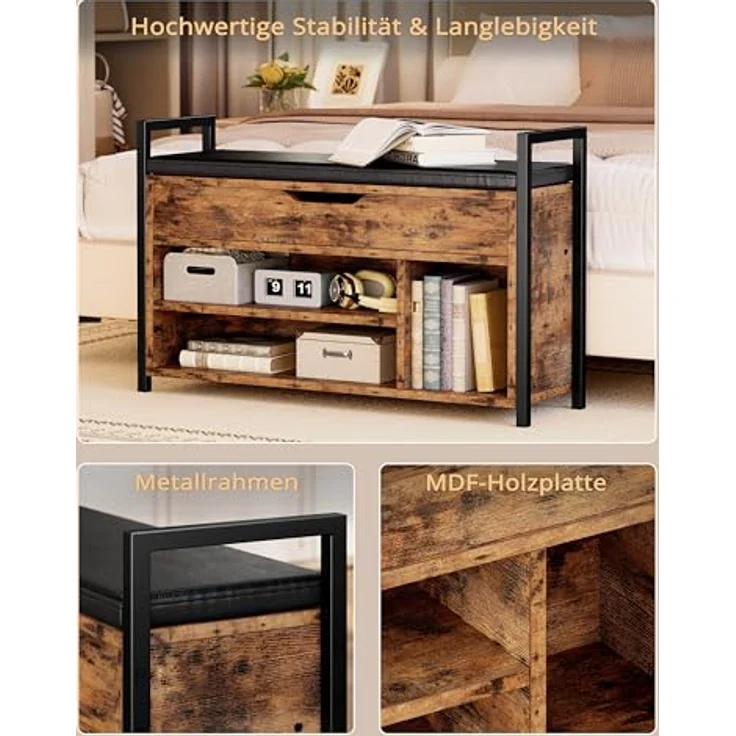 IRONCK Schuhbank mit Sitzfläche, Sitzbank mit Stauraum, Schuhschrank,100 x 30 x 62 cm, 3 offene Fächer, Kunstleder, 130kg belastbar, Schuhregal für Eingang,Flur,Wohnzimmer,Schlafzimmer (Vintagebraun) – Bild 6