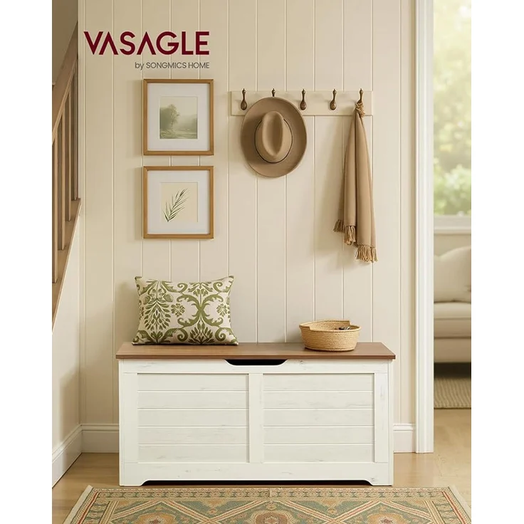 VASAGLE Schuhbank mit Stauraum, Holz Vintageweiß/Honigbraun, 40 x 100 x 46 cm – Bild 4