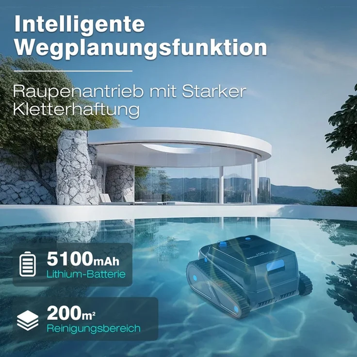 EVERCROSS BOT U8 Poolroboter Wand und Boden, Intelligenter Navigation, 120 Min Akkulaufzeit, Kabellos Poolsauger bis 200m² Pools (Schwarz) – Bild 4