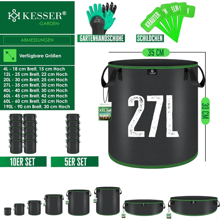 KESSER® Pflanzsack | Pflanzsäcke aus Vlies-Stoff mit Namensschildern | Kartoffel-Pflanztasche mit Fenster & Griffen | Pflanzbeutel für Gemüse Blumen Früchte Schwarz, 27 Liter, 5er Set – Bild 6