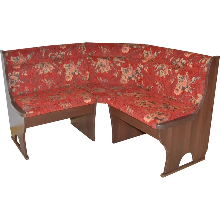 Truheneckbank "Anja 1NB" 125x125 cm, Holzdekor Nussbaum, Stoff rot mit Blumendessin