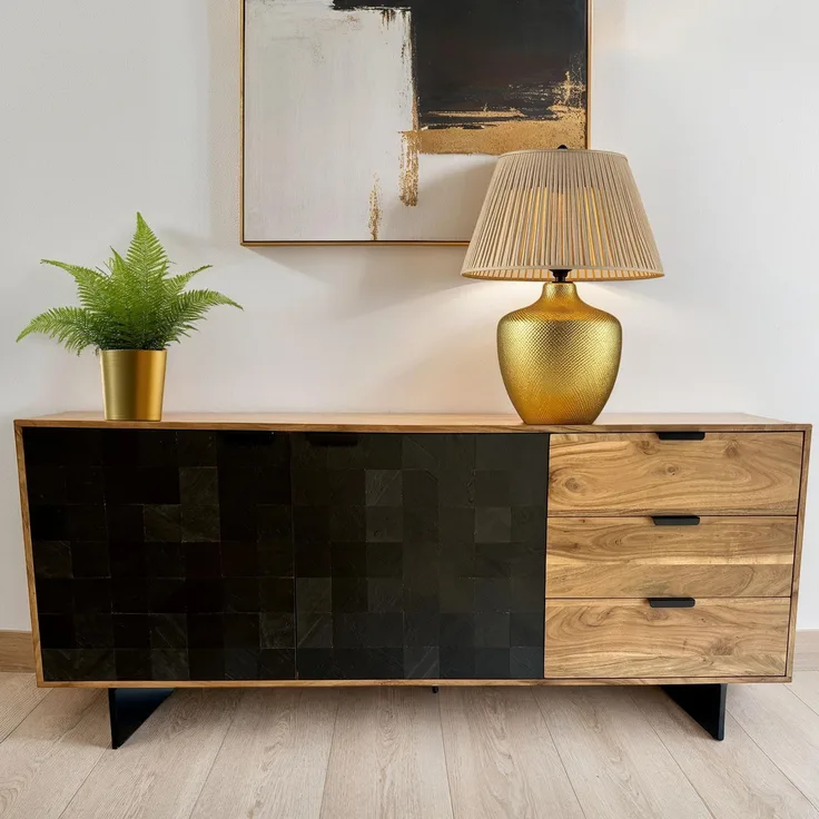 FineBuy Sideboard Akazie Massivholz 175 cm 2 Türen & 3 Schubladen - Massive Retro Kommode Steinoptik - Design Natur Anrichte - Handmade Industrial
