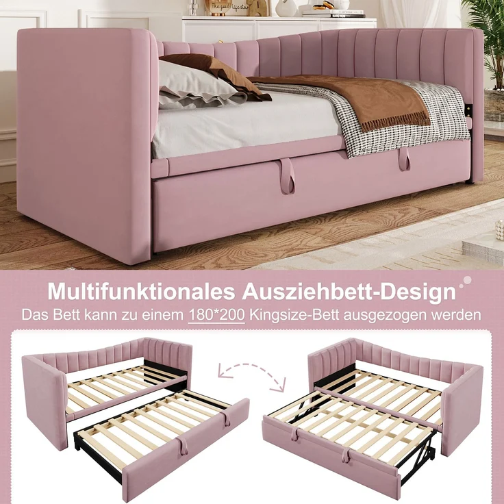 ZUBALIYA Tagesbett 90x200 / 180x200 cm, Bezug aus Samt, Außenmaße 215 x 196,5 x 75 cm, als Schlafplatz für Schlafzimmer und Gästezimmer, Rosa – Bild 6