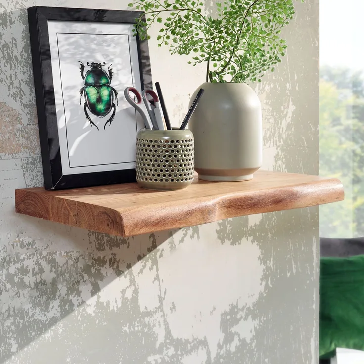 FINEBUY Wandregal FB31351, mit Baumkante Akazie Massivholz 40 cm hängend, Hängeregal schwebend, Schweberegal Wand Wohnzimmer