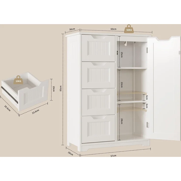 Bealife Badezimmerschrank Badschrank Schmal Beistellschrank mit 4 Schubladen Schranktür Verstellbare Trennwand Geeignet für Badezimmer Wohnzimmer Küche Flur – Bild 3