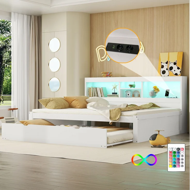 CHICFURN Bett aus Spanplatte und MDF Weiß 140x200 cm mit Ausziehbett, LED-Beleuchtung und USB-Anschlüssen – Bild 3