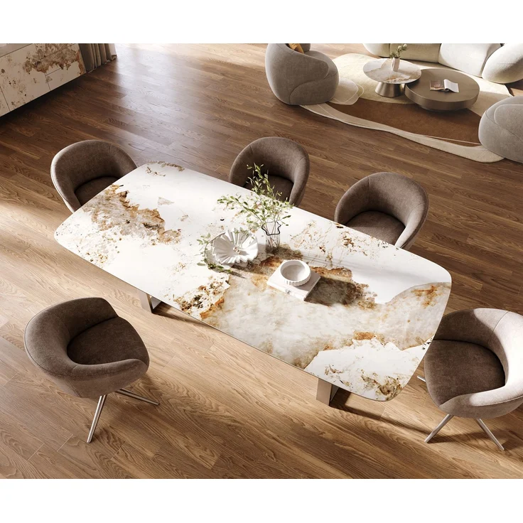 Esstisch Edge Boot 260x120 cm Keramik Minas Melange Weiß-Beige Edelstahl Schmal – Bild 4
