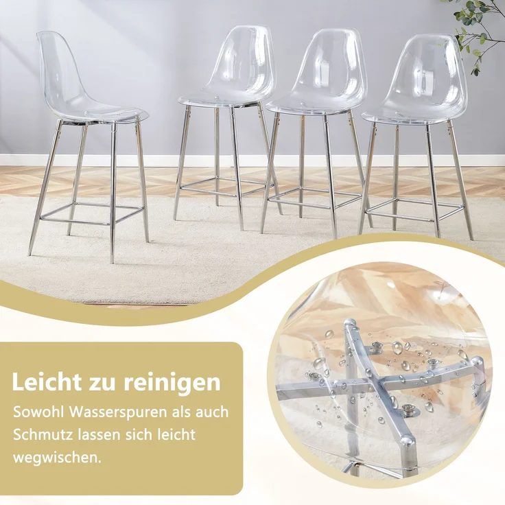 Transparente Barhocker Set, 2er Pack, mit Metallgestell in Silber/Gold/Schwarz, Moderne Design-Stühle für Küche, Bar oder Esszimmer (Nur Stühle, ohne Tisch)--Silber--51x45x102cm--YOUDENOVA – Bild 7