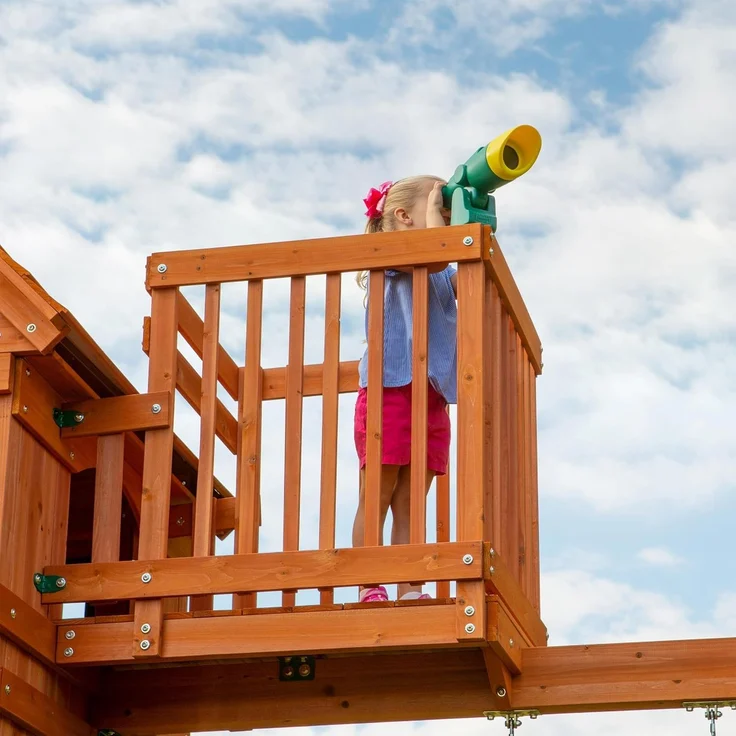 Backyard Discovery Spielturm Skyfort II aus Holz XXL Spielhaus für Kinder mit Rutsche, Schaukel, Trapezstange, Kletterwand und Aussichtsturm | Braun | Holz | 670 cm – Bild 6
