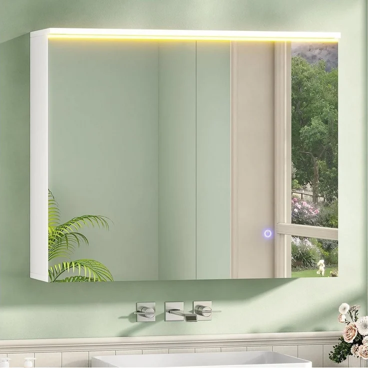 MSMASK Badezimmerspiegelschrank mit LED-Beleuchtung und Steckdose, Lichtschalter, 3 Farbtemperaturen (1-St) 3-stufig höhenverstellbare Ablage – Bild 1