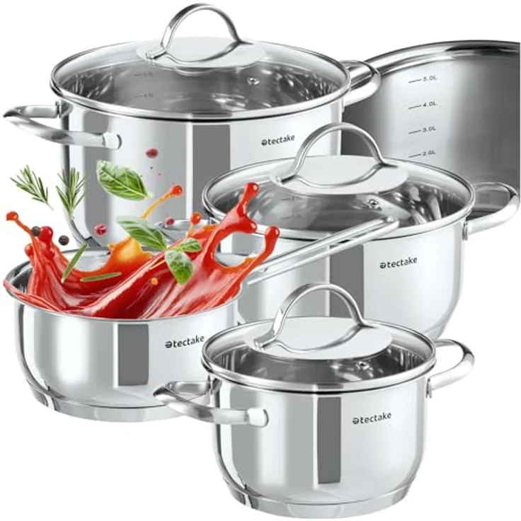 tectake Topf-Set Kochtopfset, Edelstahl, 7-teilig, aus Edelstahl, für Induktion geeignet – Bild 2