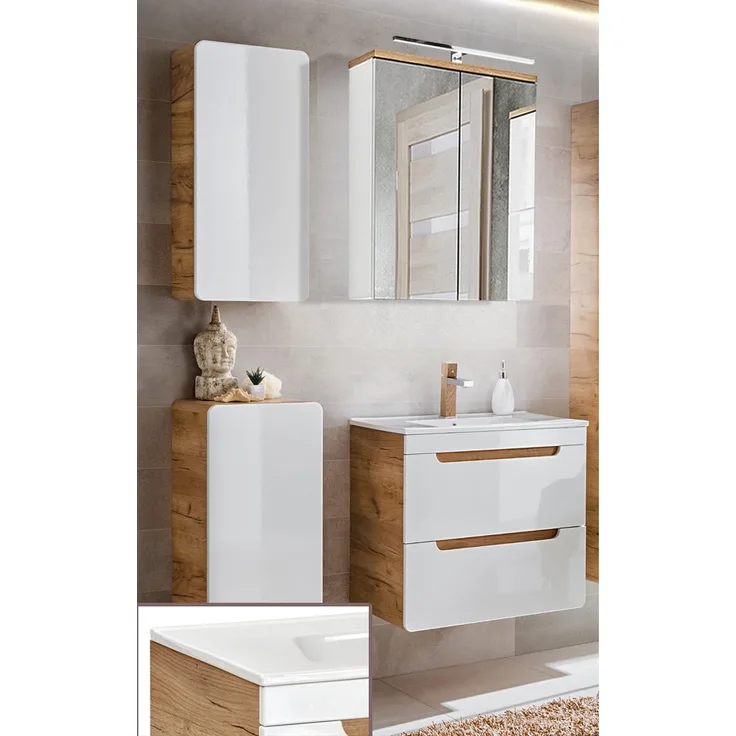 Badmöbel Set inkl. 61 cm Waschtisch LUTON-56 in Hochglanz weiß mit Wotan Eiche Nb, B/H/T ca. 110/200/46 cm