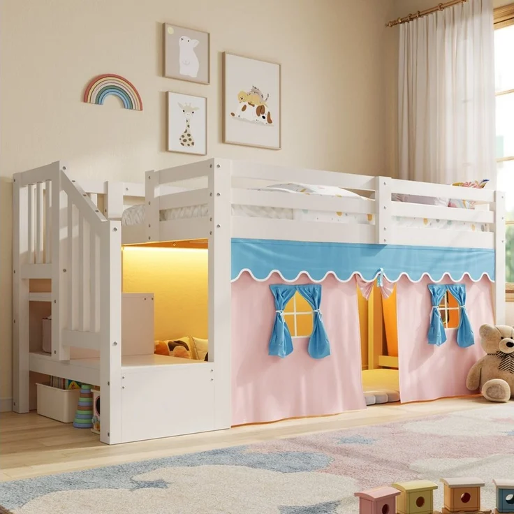 Flieks Kinderbett, Halbhohes Bett 90x200cm mit Verdunkelungsvorhänge und LED-Lichtleiste – Bild 1