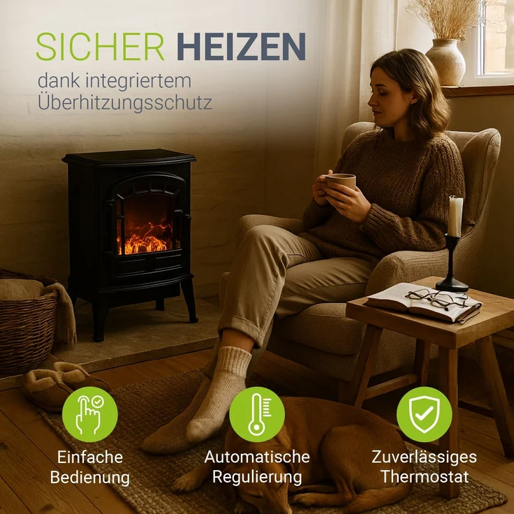 Juskys Elektrokamin 2000 W – Schwarz, elektrischer Standkamin mit Flammeneffekt, Heizfunktion, 2 Heizstufen, Thermostat & Sicherheitsabschaltung – Bild 6
