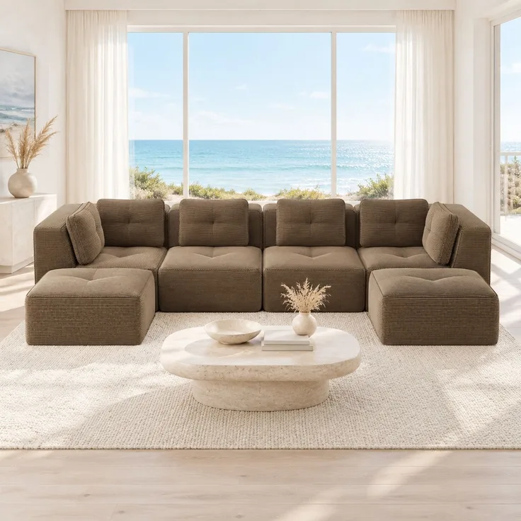 DESVIAE Sofa modular als Ecksofa, Cord, Braun, mit rutschfestem Standfuß, 386 x 177 x 69 cm