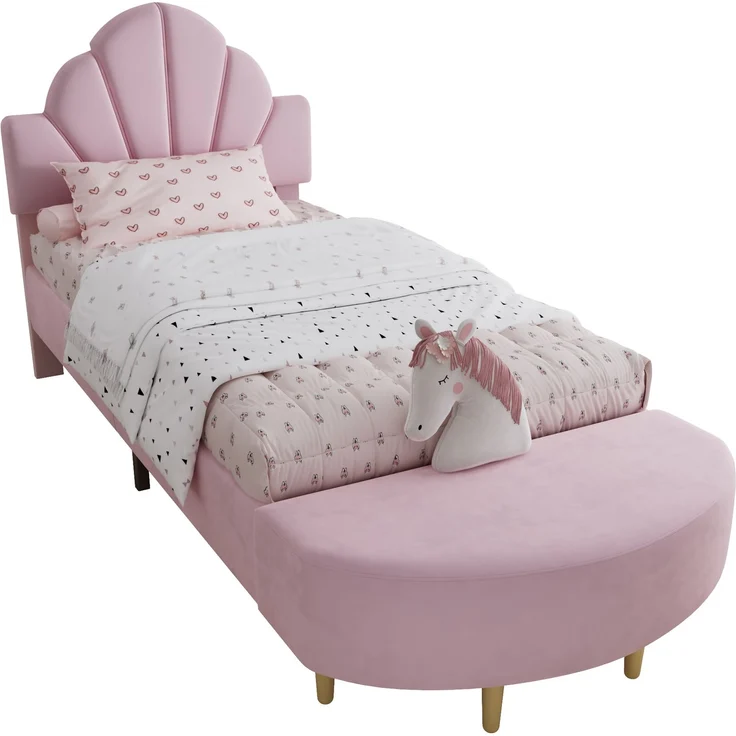 Merax Polsterbett, 90 x 200cm Einzelbett, Kinderbett mit Samtkopfteil, Mit einer Bettbank in gleicher Farbe, Weiche Antikollisions-Schwammkante, Rosa – Bild 10