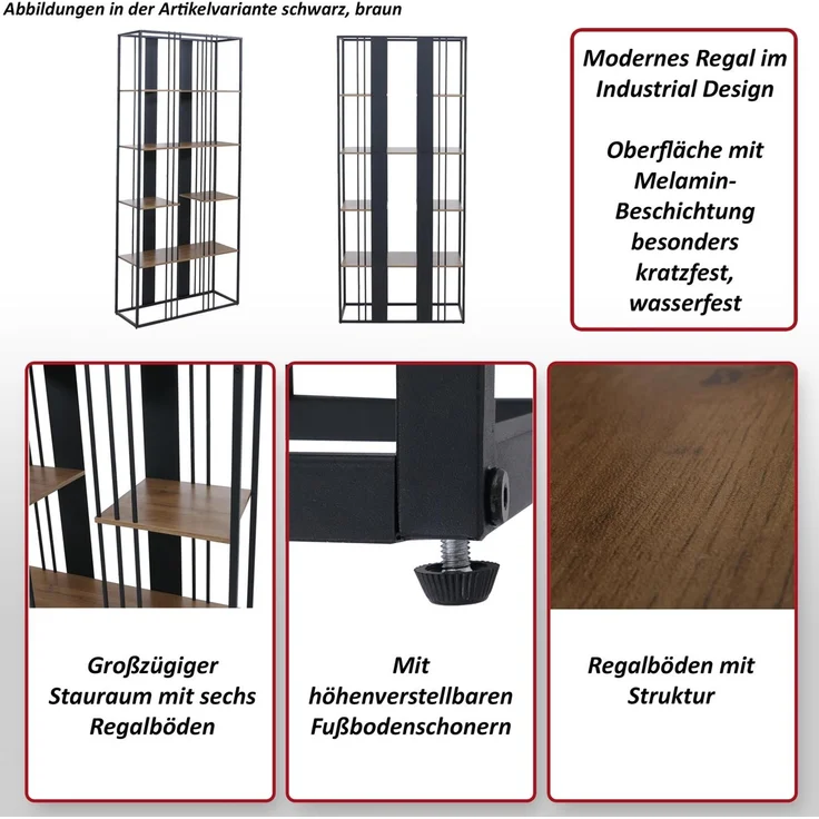 Regal HWC-P12, Bücherschrank Hochschrank, Industrial Metall Melamin MVG-zertifiziert 180x80x31cm ~ schwarz, schwarz – Bild 2