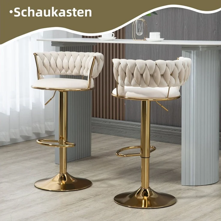 PFCTART Barhocker Samt Barhocker 2er Set, 360° drehbar & höhenverstellbar (Set, 2 St, Goldene Basis, für Küche, Esszimmer & Kücheninsel), Handgefertigte Rückenlehne, weich gepolstert, luxuriöser Samt – Bild 1