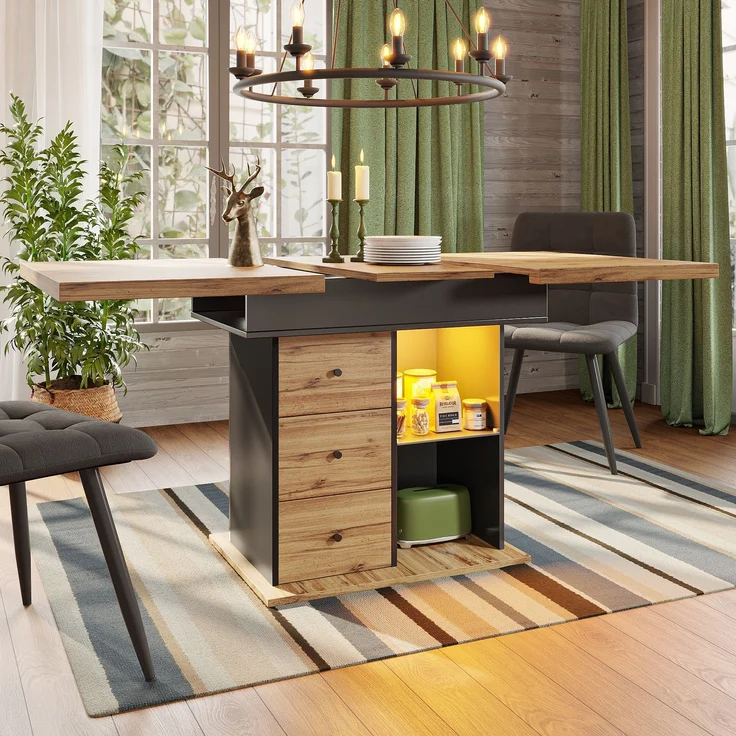 Esstisch Teleskoptisch(110-140×80cm), klappbarer Küchentisch für 4-6 Personen, Ausziehbarer Esstisch ,platzsparender Küchentisch,für Küche und Wohnzimmer,Tisch mit LED-Beleuchtung – Bild 5