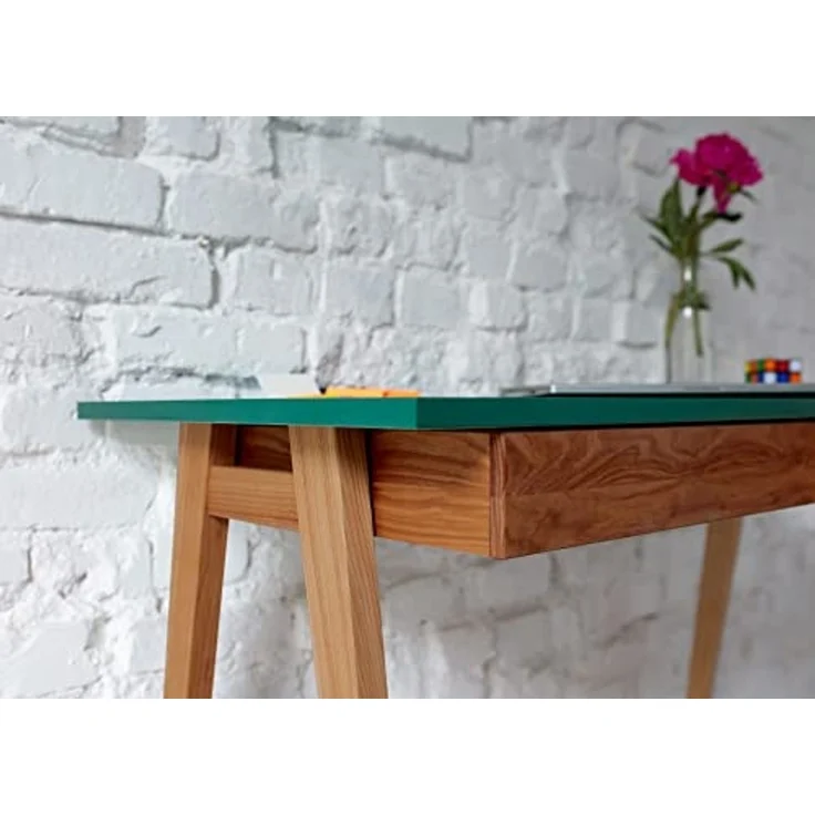 Ragaba Eckschreibtisch mit 2 Schubladen und Fußstütze, MDF & Massives Eschenholz Eichenbeize, 135x85 cm, Salbei Grün, Rechts – Bild 5