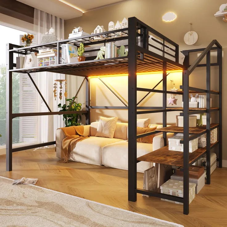 EINHOM Hochbett, 140 x 200 cm, Metallbett, Stufen-Ablageregal, Gitterelemente, Aufbewahrungskorb, Offener Stauraum unter dem Bett, mit LED-Lichtleiste, Schwarz (Ohne Matratze)