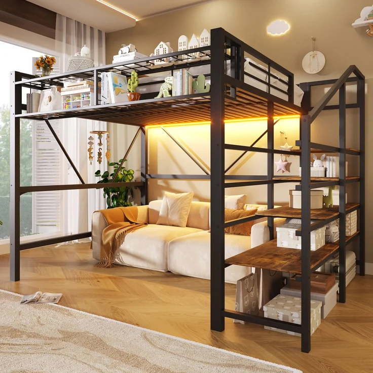 EINHOM Hochbett, 140 x 200 cm, Metallbett, Stufen-Ablageregal, Gitterelemente, Aufbewahrungskorb, Offener Stauraum unter dem Bett, mit LED-Lichtleiste, Schwarz (Ohne Matratze) – Bild 1