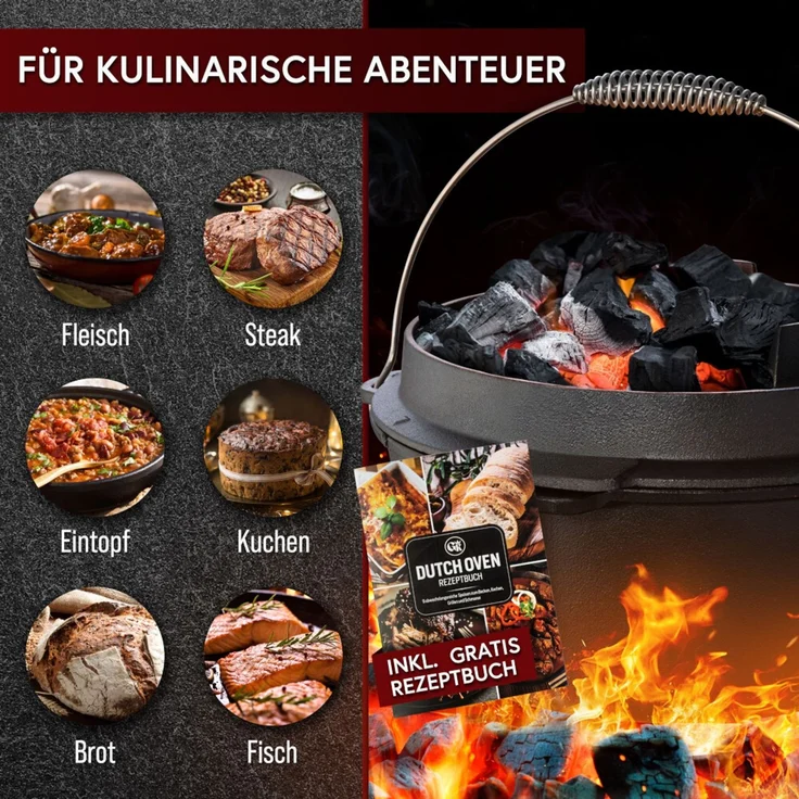 Dutch Oven 12 l mit Füßen – eingebrannt & sofort einsatzbereit, inkl. 2in1 Deckelheber, Reinigungsbürste, Rezeptbuch & Pflegeanleitung – Bild 8
