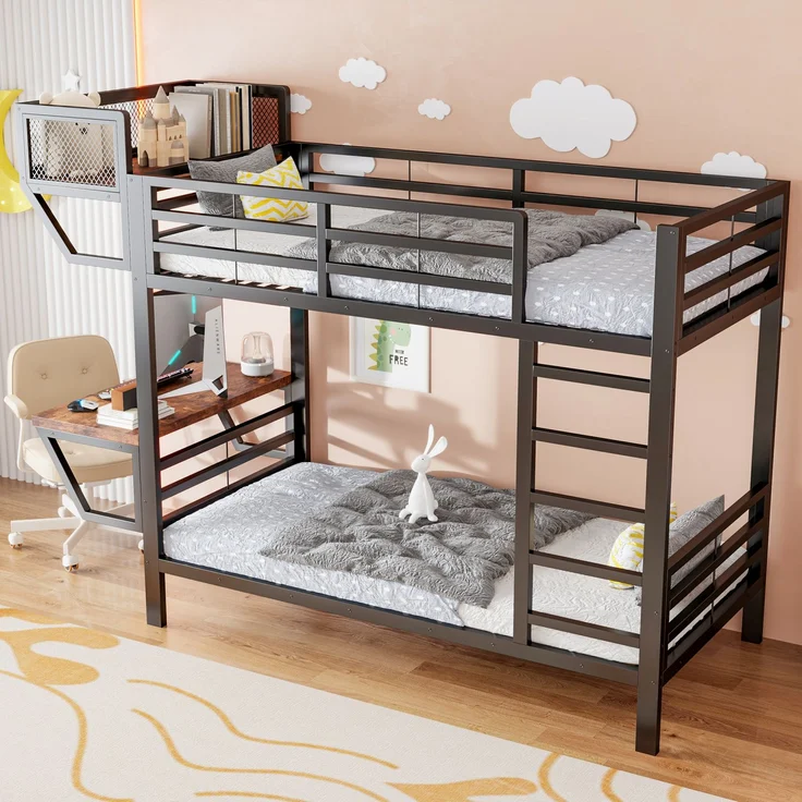 ZUBALIYA Metall-Etagenbett (90 x 200 cm) mit Schreibtisch und Ablagefächern, Lattenrost, platzsparendes Hochbett für Kinder, Jugendliche und Erwachsene, Schwarz – Bild 5