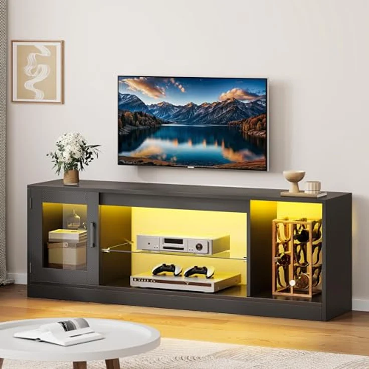 YITAHOME TV Schrank, TV Lowboard LED Schwarz - Fernsehschrank Fernsehtisch mit RGB-LED-Leuchten Lowboard Glasregal Fächern für 65 Zoll & kleinere TVs,für Wohnzimmer Schlafzimmer, B148 x H51 x T32 cm – Bild 8